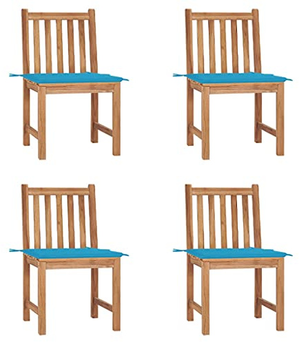 Mokuyary Trädgårdsstolar, set om 4 med kuddar, massivt trä, teak, balkongstol, terrassstolar, matstolar för terrass, trädgård, balkong – C