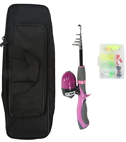 Canne à pêche pour Enfants, Moulinet, leurres, Structure en résine avec Sac de Rangement, Kit de pêche pour Enfants débutants en Plein air (Rose)