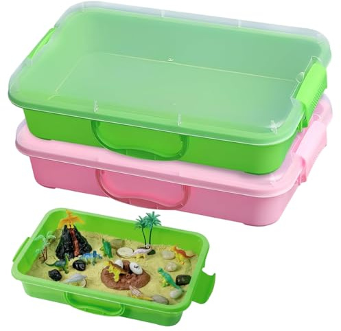 Bandeja de Juego sensorial, Paquete de 2, Bandeja de Arena portátil con Tapa y asa de Transporte, contenedor de plástico apilable para Actividades de Juego sensoriales y desordenadas de niños