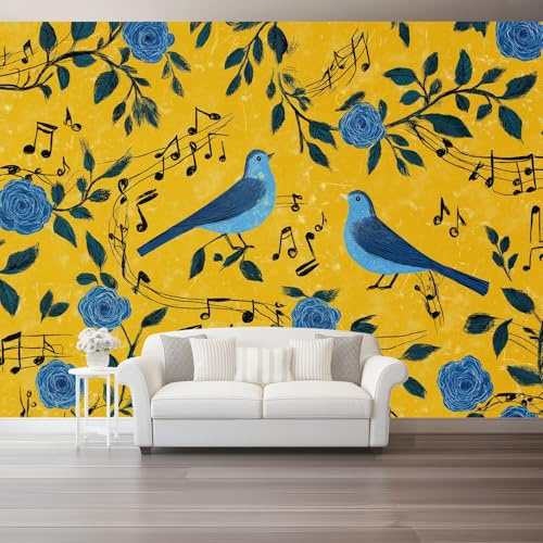 Generico Giallo Murales 350 x 256 cm WxH, Note Musicali Uccelli Fiori Carta da Parati in Tessuto Non Tessuto Traspirante per Camera da Letto - Decorazione Parete Resistente e Facile da Applicare