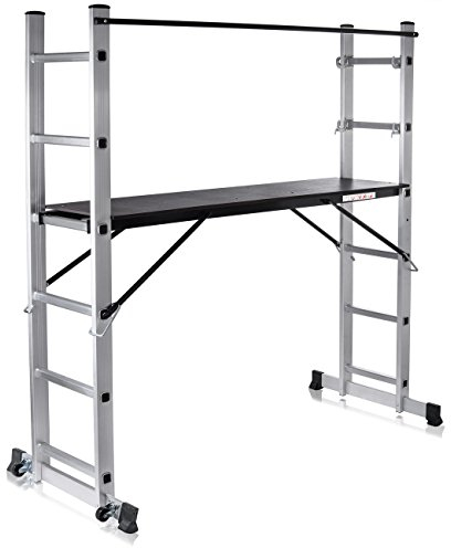 MAXCRAFT Gerüst Baugerüst Aluminium Leiter Arbeitsgerüst Stehleiter Multifunktionsgerüst Arbeitsbühne mit Geländer und Rollen