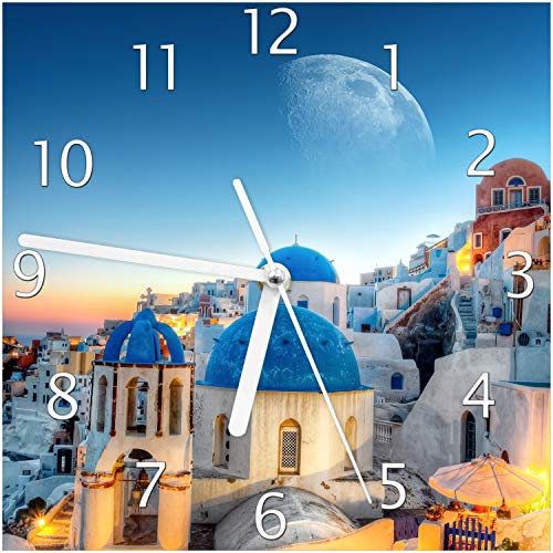 Wallario Design-Wanduhr Urlaub auf Santorini aus Glas, Motiv-Uhr Größe 20 x 20 cm, weiße Zeiger
