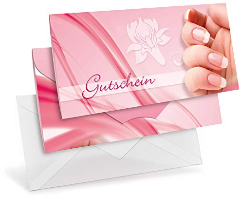 Premium Gutscheinkarten (10 Stück) mit transparenten Briefumschlägen - Geschenkgutscheine für Nageldesign, Nagelstudio, Kosmetik - DIN lang Faltkarte verschließbar