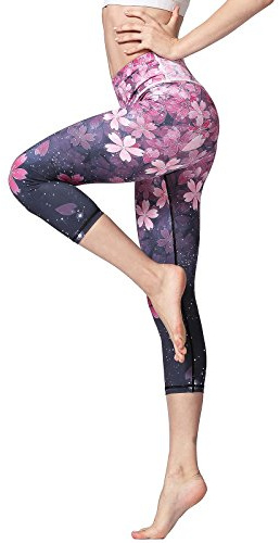 FLYILY Pantalón Deportivo de Mujer Cintura Alta Leggings Pantalones de Yoga Estampados 3/4(Cherry,XL)
