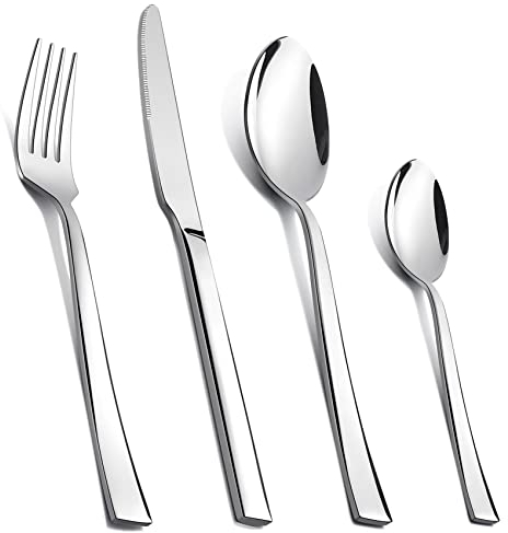 Cutlery Set, Stainless Steel 24 Piece Flatware Silverware Set for 6, Knife Fork Spoon Set Ideal for Home/Camping/Party, Healthy & Mirror Polished, Easy Clean & Dishwasher Safe - Elegant Look