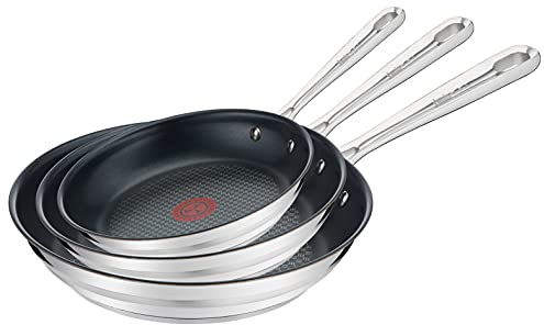 Tefal Jamie Oliver Brushed 3-teiligiges Pfannenset E011S3.VEG | Bestehend aus Pfanne 20cm + 24cm + 28cm | inkl. exklusivem Jamie Oliver Veggie Rezeptheft | Alle Herdarten, auch Induktion | Edelstahl