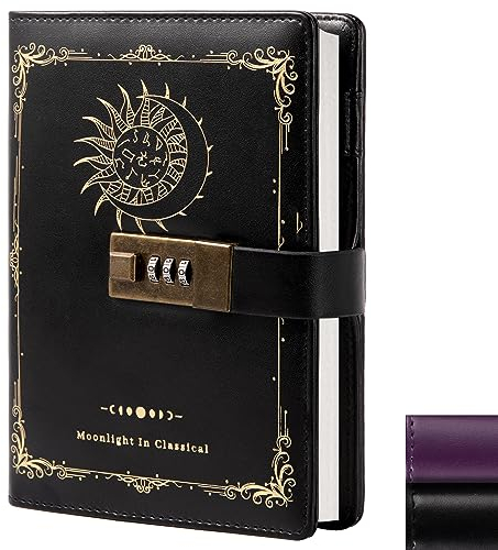 Sternbild Leder Tagebuch mit Schloss, Sternzeichen Mond Sonne Tagebuch zum Schreiben, B6 Notizbuch mit liniertem Papier für Frauen & Männer (Schwarz)