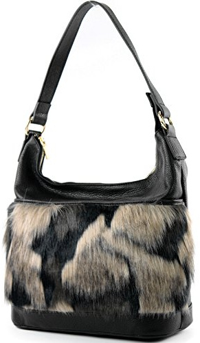 modamoda de T133 Damen Leder Schultertasche Henkeltasche aus Leder mit Kunstfell handmade in Italy