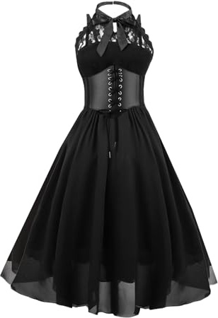 GOLDSTITCH Women's Sleeveless Gothic Lace Dress with Corset Halter Swing Cocktail Costume