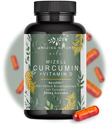 Mizellen Curcuma Kapseln Hochdosiert mit 185x höher verfügbarem NovaSOL Curcumin angereichert mit Vitamin D und C ohne Piperin 1 x 60 Premium Flüssig Kurkuma Kapseln Hochdosiert