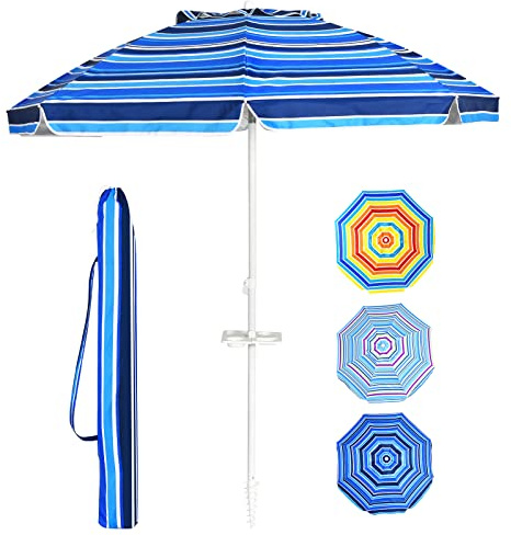 RELAX4LIFE Sonnenschirm Strand, 30° knickbar, Strandschirm Windfest Stabil, Ø220cm Rund Gartenschirm, Terrassenschirm mit Getränkehalter &Bodenhülse &Schutzhülle, Balkonschirm Sonnenschutz(Marineblau)