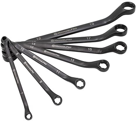 MichaelPro MP001217 7-Piece Double Ring Spanner Set, Black Oxide Bolt Extractor Offset Swan Neck Spanner Set, Metric