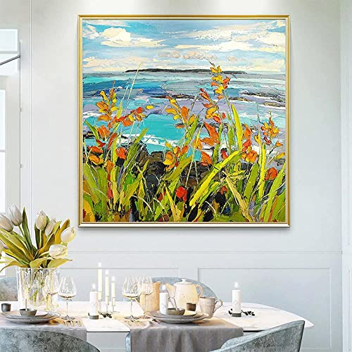 YMXCNM Handgemalte Leinwand Bilder, Handgemaltes Modernes Abstraktes Meer Blumen Ölgemälde Auf Leinwand Wandkunst Rahmenlose Bilddekoration Für Wohnzimmer Zuhause,100X100Cm(39.4X39.4Inch)
