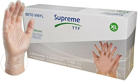 Supreme TTF Disposable Vinyl Gloves | Powder Free Latex Free | Food Medical Surgical, Home Cleaning, Salon SPA | Box of 100 Gloves (Clear, Small (Size 7))