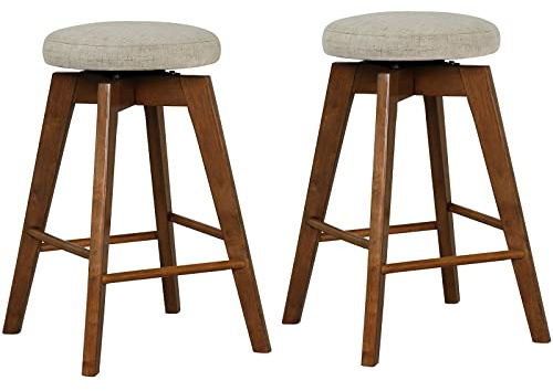 COSTWAY Swivel Bar Stools Set of 2, 26-inch Backless Counter Height Bar Chairs with Rubber Wood Legs, Linen Fabric Seat, Footrest, Modern Counter Stools for Kitchen Island, Pub, Dining, Beige+Brown