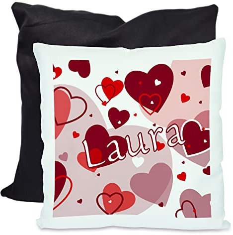 CreaDesign, Kinder Kissen 40x40 cm personalisiert mit Namen, Kinderzimmer Deko Kissen Kinder mit Füllung Federn, Motiv Herz rot, Rückenfarbe Schwarz