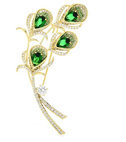 Damen-Brosche, Damenmode-Accessoires, Damen-Elegante Luxus-Feder-Brosche, Zirkonia-Blumen-Hochzeitsbankett-Brosche, Brosche, modische Broschen (Metallfarbe: Grün)