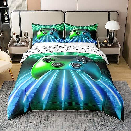 Reversible Baumwolle Grün Blau Gamepad Bettwäsche Set,Game Spieler Bettbezug 135x200 Modern Gamer Gaming Duvet Cover Neon Trippy Bettwäsche Set für Jungen Teens Zimmer Dekor