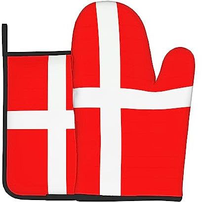 YYHHAOFA Ensemble de maniques et maniques avec motif drapeau du Danemark : épais et durable, anti-brûlure et isolant thermique