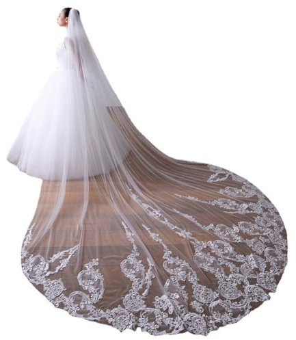 XIUWOUG Lange Spitzenstickerei Dame Brauthochzeit Braut Schleier 1Tier Langer Boden Schleier Kathedrale mit Kamm, Langer Abschlussball Kleid Braut Hochzeitsschleier, Hochzeitsaccessoire 3m,Elfenbein