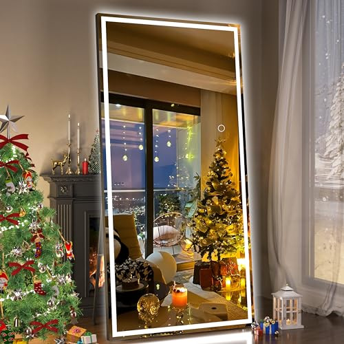 Hasipu Full Length Mirror with Lights, 79 x 36 LED Lighted Floor Standing Mirror, Full Body Dressing Hanging Mounted Mirrors, Dimmable, Tempered Glass, Safe to Use, Square Black