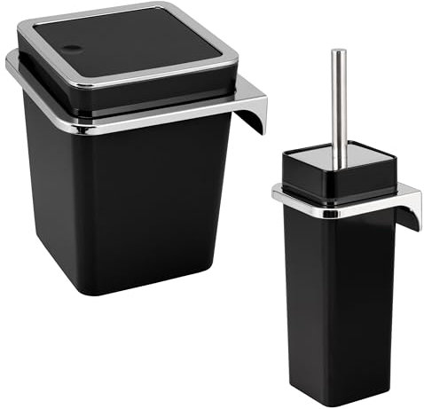 bremermann Savona, set da 2 pezzi, secchio cosmetico da 6 litri e scopino WC con supporto a parete, rettangolare (plastica-nero)