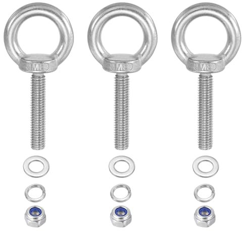 PATIKIL M8 x 50mm Lifting Shoulder Eye Bolt, 3Pcs 304 Stainless Steel Lifting Ring Threaded Eyebolt with Nuts Washers for Hanging Hammocks Articles