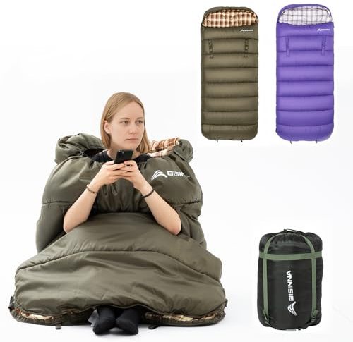 BISINNA Sacco a Pelo Flanellato XXL con Cuscino per 3 Stagioni per Adulti, Leggero e Caldo, Impermeabile per Escursioni, Campeggio Interno ed Esterno, con Sacco di Compressione