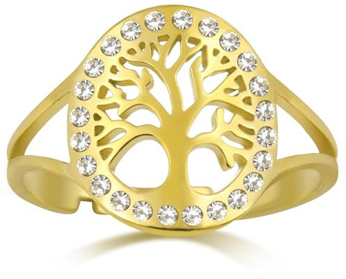 Dreamtimes Árbol de la vida Anillos para las mujeres Anillo de apertura ajustable Acero inoxidable Color oro Clear Zircon Anillos redondos Árbol de la familia Encanto Joyería de lujo Anillo (Oro)