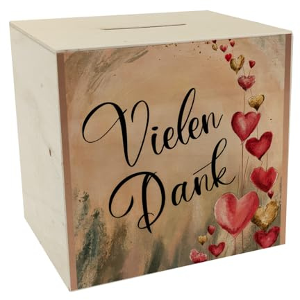Vielen Dank mit Herzen - Spardose aus Holz Rosa rote und goldene Herzen Romantisch und Vintage