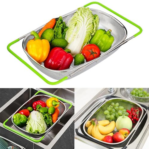 Passoire Evier, Passoire Cuisine Inox, Passoire Pliable, Passoire Fine Cuisine, Pour Laver Les Légumes Et Les Fruits, Extensible, Ustensiles De Cuisine (Vert, Perforé)