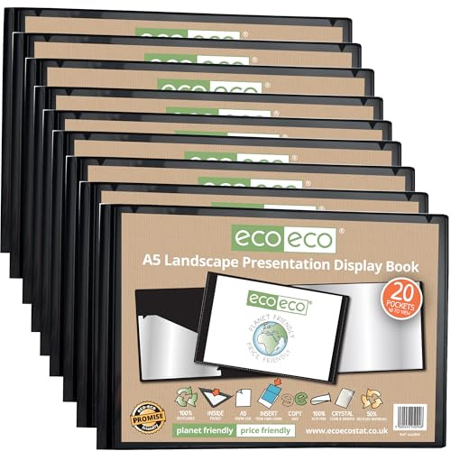 eco-eco eco094 x 12 A5 Präsentationsmappe mit 20 Taschen, 50% recycelt, Querformat, schwarz, mit Kunststoffhüllen, 12 Stück