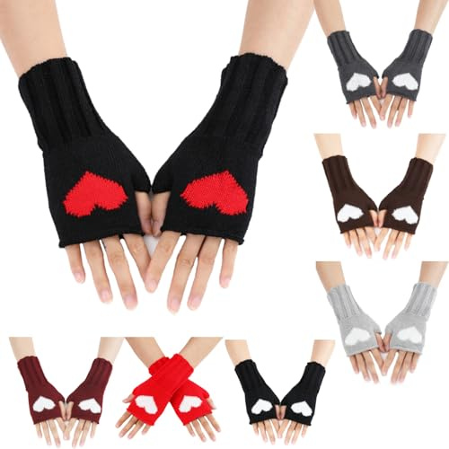 SMTCM 2 Paar Fingerlose Handschuhe Gestrickt Herzmuster Armhandschuhe Armstulpen Kurz Pulswärmer Strick Halbfinger Handstulpen Armwärmer Fäustlinge Warme Strickhandschuhe für Winter Tippen Fahren