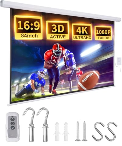 Projector Screen Motorized Pull Down 84 Inch 16:9 Electric Projector Screen with Remote, Automatic Projector Screens Wall Ceiling Mount Small White Movie Screens for Projectors Outdoor Indoor