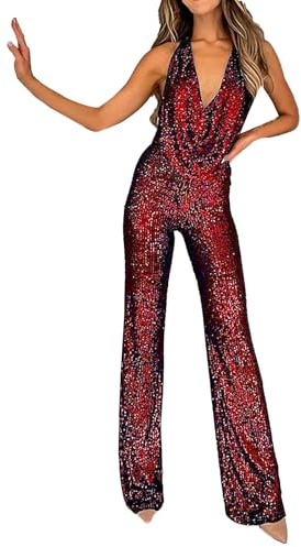 Tuta Da Donna Elegante Tute Donna Eleganti Brillantini Completo Donna Scollo a V Trendy Tailleur a Gamba Larga Taglie Forti Party Overall Pantaloni Con Schiena Scoperta Con Paillettes Carnevale