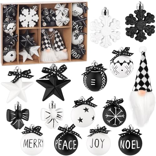 BRUBAKER 24 Stück Christbaumschmuck Black and White - Weihnachtskugel Set | mit Wichtel Zwergen, Schneeflocken, Merry, Peace, Joy und Noel Baumkugeln mit schwarzen Schleifen - Weiß und Schwarz