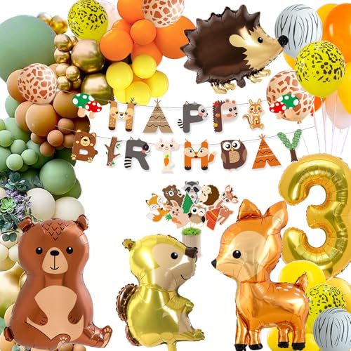 3 Geburtstag Deko Junge Mädchen,Kindergeburtstag Deko,Geburtstagsdeko 3 Jahr,Waldtiere Dschungel Geburtstag Deko,Orange Braun Luftballon mit Happy Birthday
