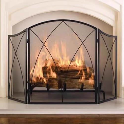 Genérico Pantalla para Chimenea Plegable de 3 Paneles, Cubierta Protectora para Estufa de leña de Hierro Negro Hecha a Mano, Puerta Moderna a Prueba de chispas con Red para Horno
