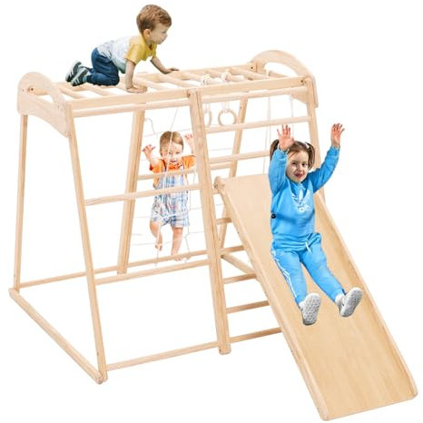 Siairo 8 en 1 Marco de Escalada Interior para niños, Patio de Juegos Interior Jungle Gimnasio para niños, Juego de Escalada de Madera con tobogán, Columpio, Barras de Monos, Escalera Vertical/Cuerda