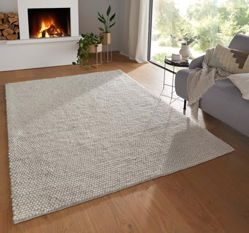 Taracarpet Moderner Landhaus Wollteppich gewalkt Bubble fürs Wohnzimmer, Schlafzimmer und Esszimmer Teppich aus Schurwolle nachhaltig weiß 200x290 cm