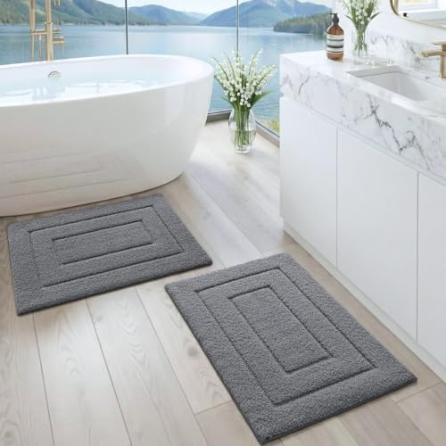 DEXI Badematte rutschfeste Set 40 x 60 cm, 2er Pack weicher Mikrofaser Badezimmerteppich, saugfähiger Badteppich, maschinenwaschbar Badvorleger für Dusche, Badewanne und Toilette, Grau