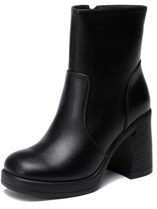 Glamnest Square Toe Ankle Boots for Women’s Platform Gogo Ankle Boots with Zipper, Chunky Block Heel Style, Black Size 10