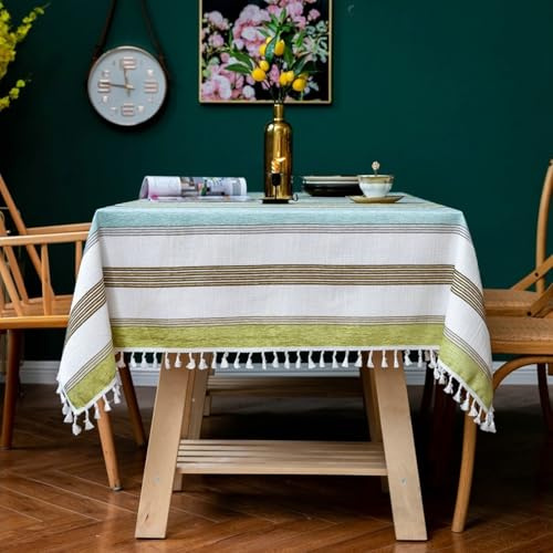Abwaschbar Tischdecken Olivgrün 90x140 cm Rechteckig, Baumwolle Leinen Tischtuch Lotuseffekt Gestreift Jacquard Tischwäsche mit Quasten für Party Küche
