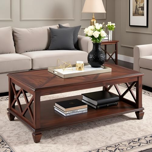 Stockbridge 45-Inch Wood Coffee Table with Storage Shelf and Detailed Side Panels – Easy to Assemble Traditional Accent Table for Living Room or Home Office by Alaterre Furniture