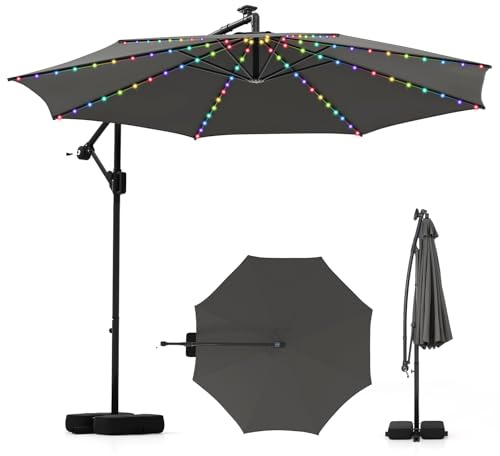 COSTWAY Ombrellone da Giardino 290 cm, con 96 Luci LED, Ombrellone Esterno con 2 Sacco di Sabbia, Inclinazione Regolabile, Rotazione a 360°, Manovella, Parasole da Giardino (Grigio)