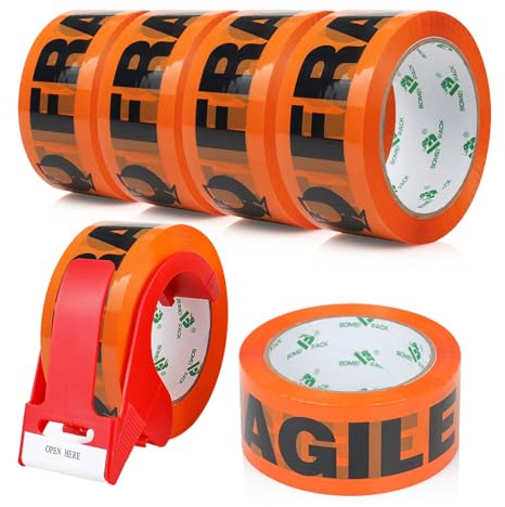 BOMEI PACK FRAGILE Naranja Cinta de embalaje de seguridad 66 m x 48 mm – 6 rollos con carrete adhesivo fuerte para paquete, almacén, comercio electrónico
