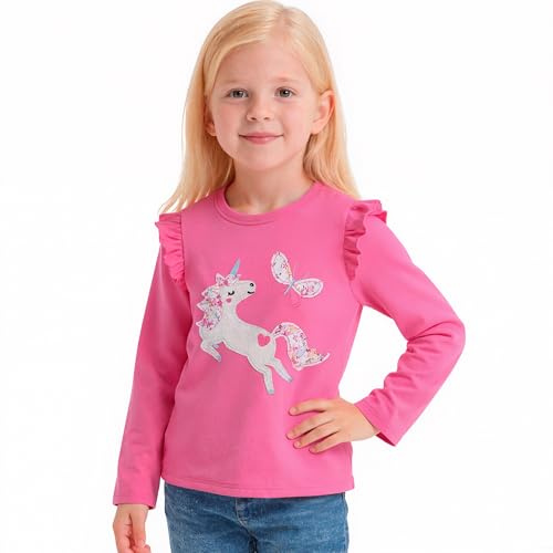 JinBei Maglietta Manica Lunghe Bambina Cotone Stampato con Motivi, 2-7 Anni | Collo Rotondo T-Shirt, Maglie Maniche Lunga con Volant, Confortevole Abbigliamento Top Bambine per Scuola, Primavera, Autunno
