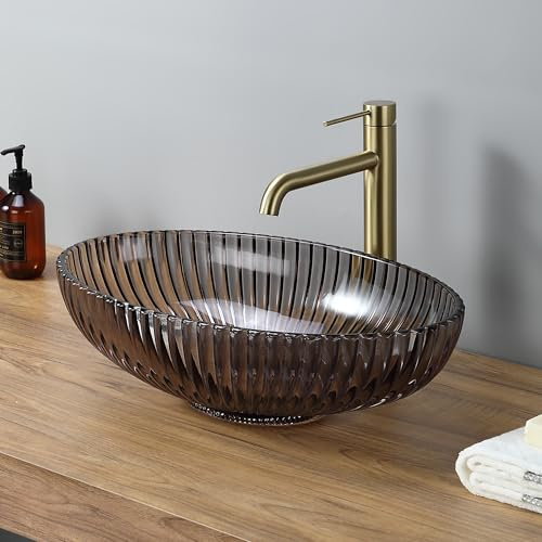 DILECI – Vasque Ovale en Verre Teinté Strié 51x35x15,5 cm – Lavabo à Poser Design Luxueux et Moderne – Texture Striée Lumineuse – Idéal Salle de Bain Contemporaine – Élément Central Élégant