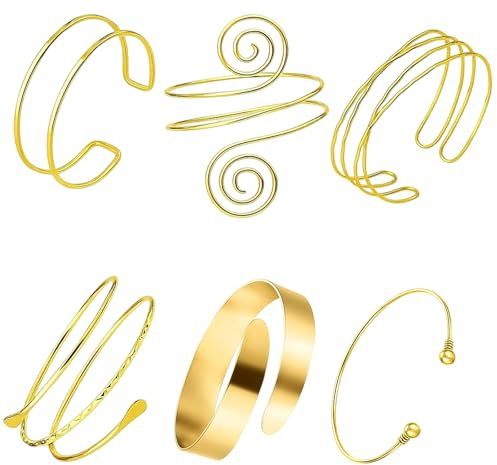 YREYBN Gold Arm Cuff, 6 Styles Adjustable Arm Bracelet Set for Women, Stackable Arm Bangle for Parties and Special Occasions, Fashion Jewelry Made of Quality Metal (Gold)
