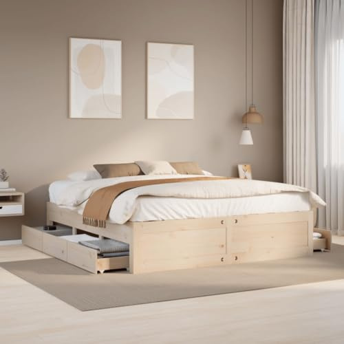Teenpull Massivholzbett Kiefer 200x200 cm, unbehandeltes Bettgestell mit praktischen Schubladen für Stauraum, stabile Plattform Basis für erholsamen Schlaf im Schlafzimmer